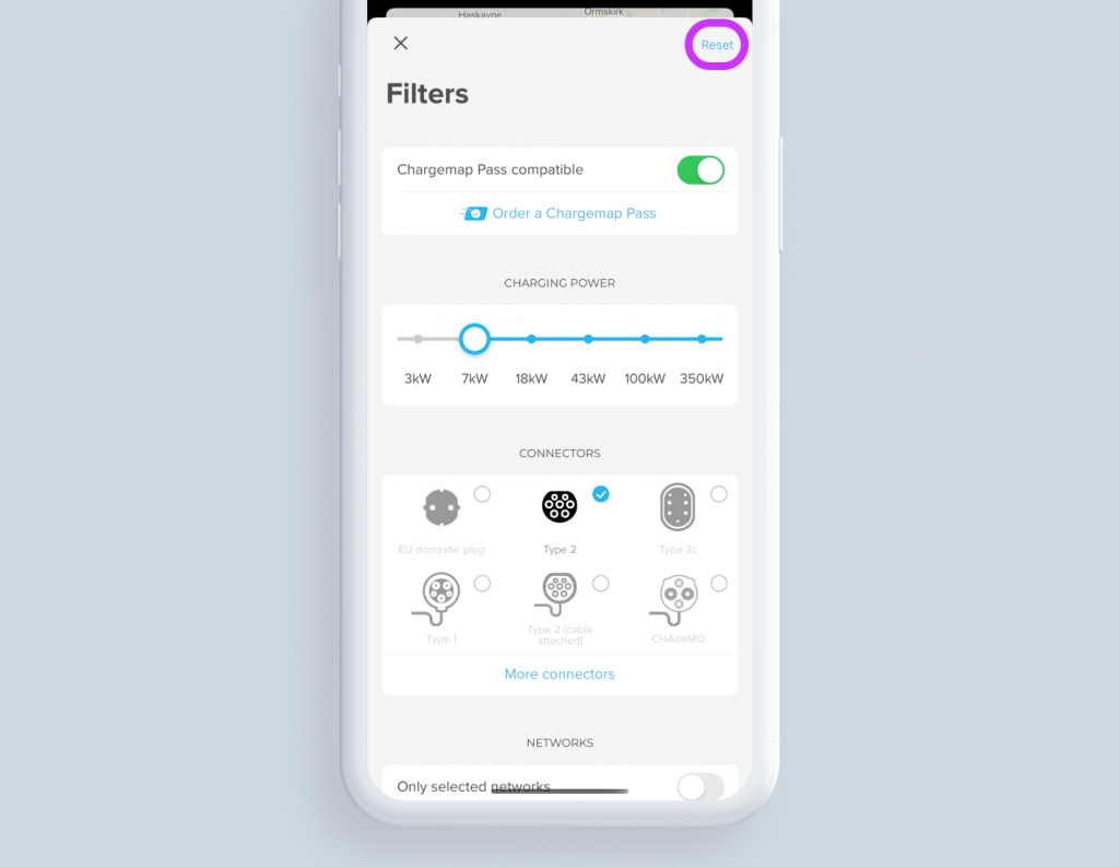 View of the filter screen of the Chargemap app