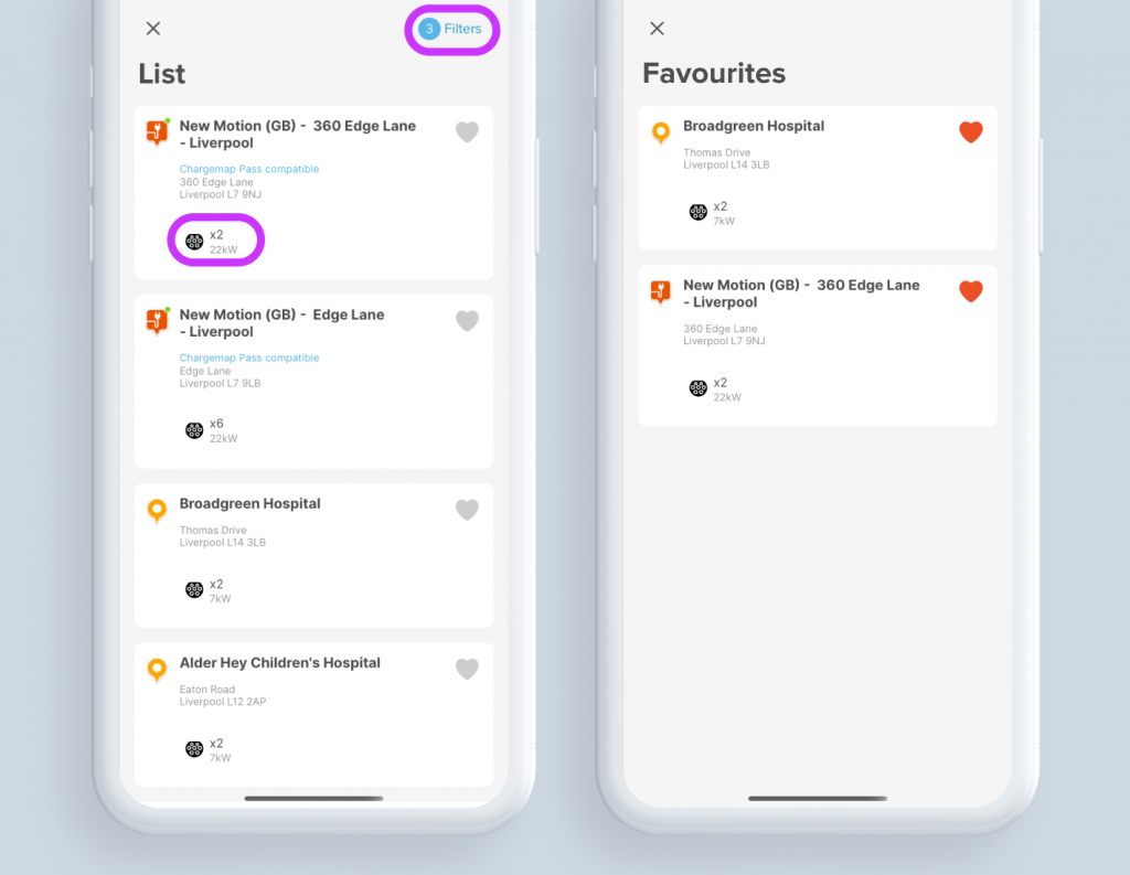 Chargemap view from the list mode of the nearest stations and favourites