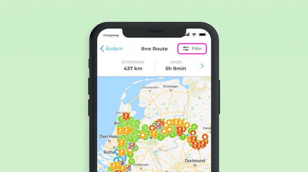 Ansicht der Route mit Zugang zu den Chargemap-Filtern