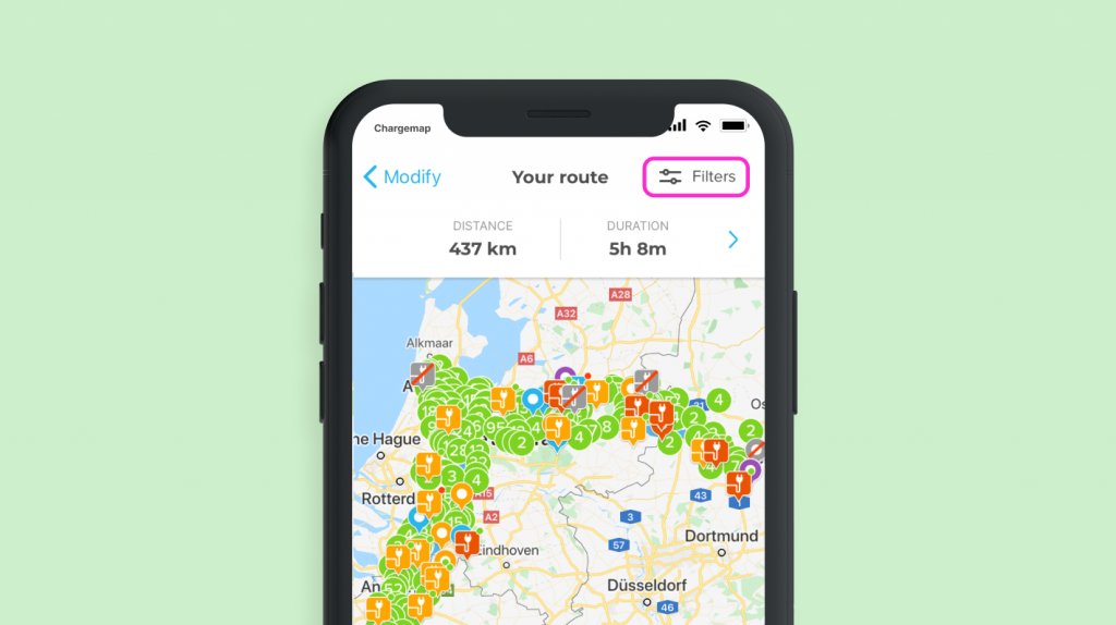 View of the route with access to the Chargemap filters