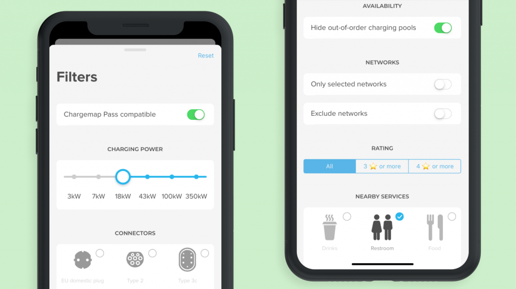 View of the Chargemap filters to refine the search of charging stations along the route