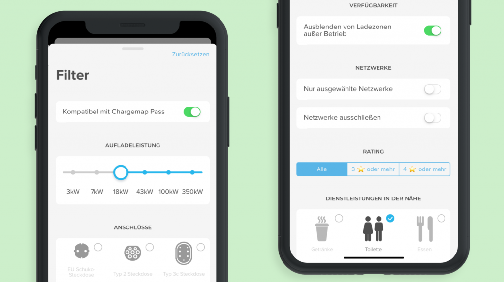 Ansicht der Chargemap-Filter zur Verfeinerung der Suche von Ladestationen entlang der Route